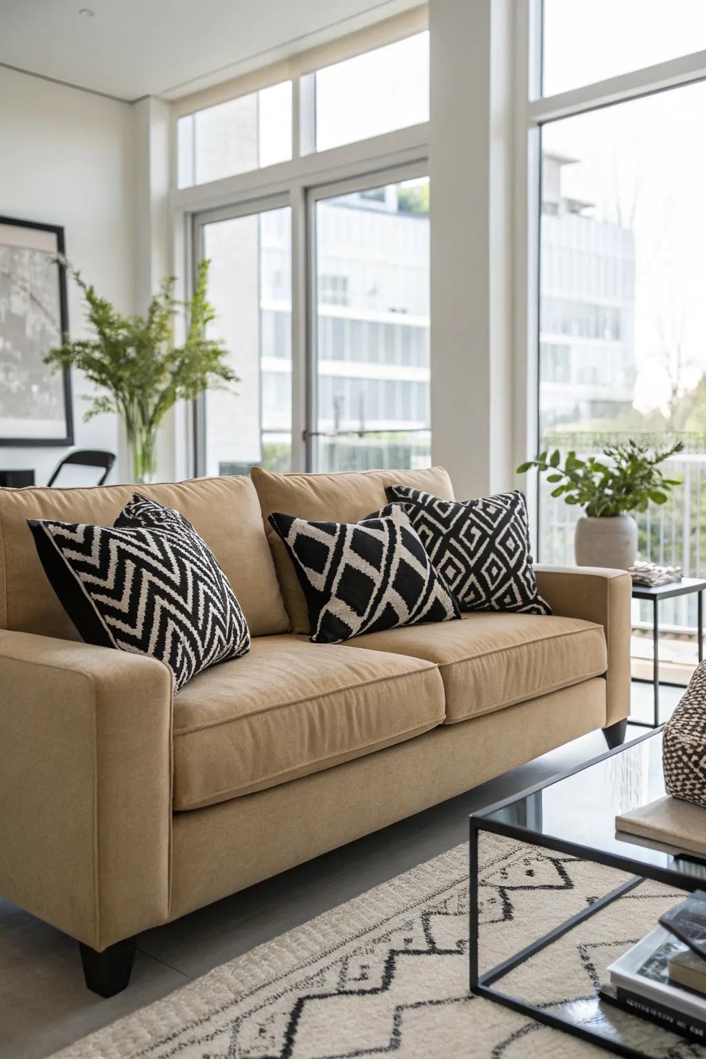 Ebony and ivory cushions create a bold and timeless contrast.