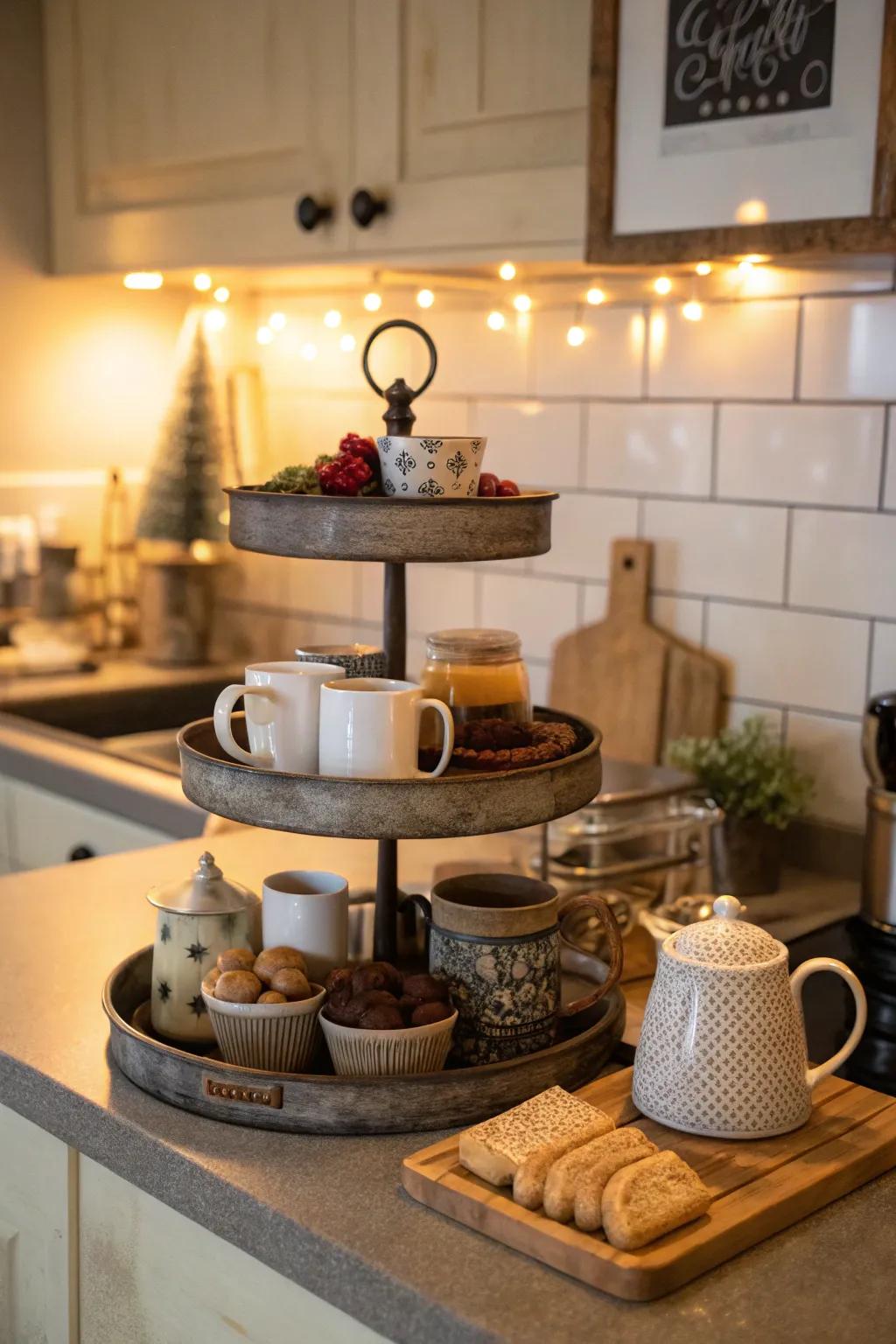 A coffee-themed display prepared for a morning brew.