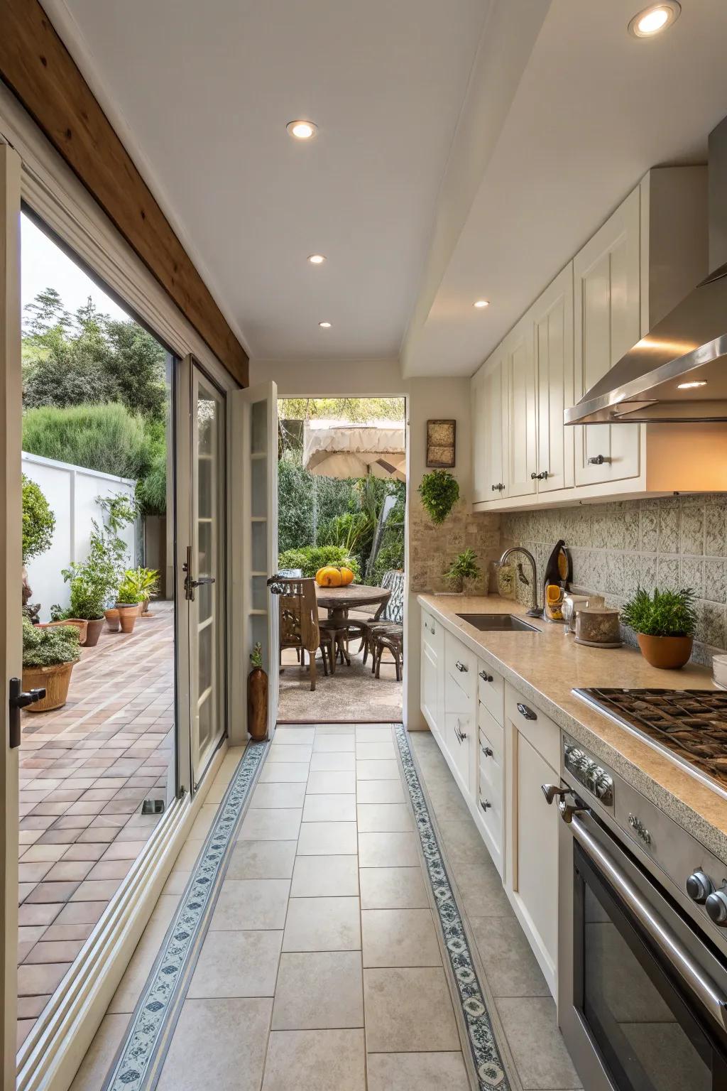 Square counter surfaces effortlessly blend interior and exterior areas.