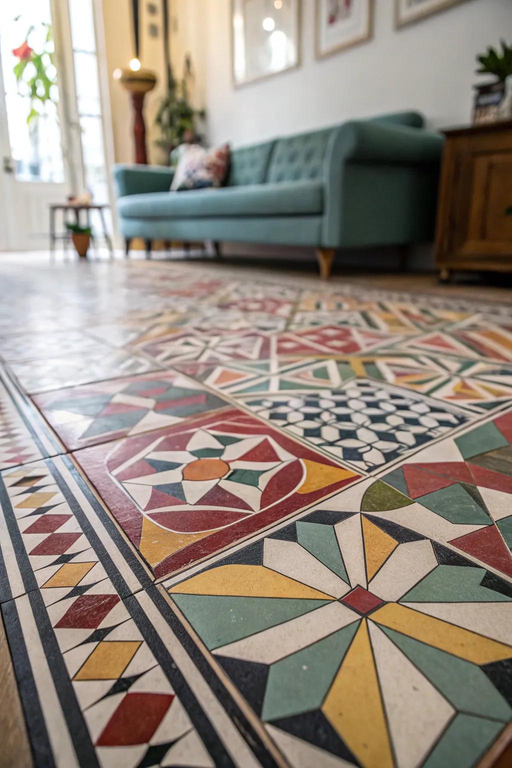 Geometric tiling designs incorporate a contemporary, edgy vibe to this living room.