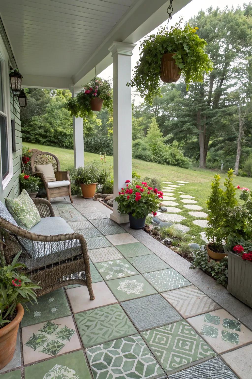 Eco-conscious reclaimed tiles offer a fashionable and sustainable porch design.
