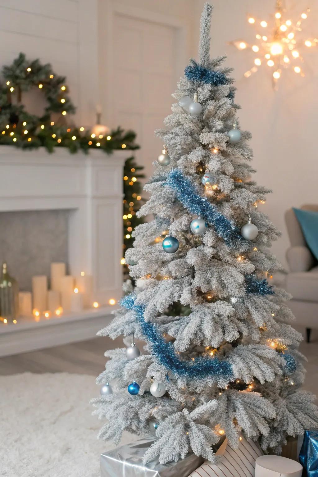 A winter-inspired home decor scene showcasing an icy Christmas tree using silver and azure sparkle ribbon.