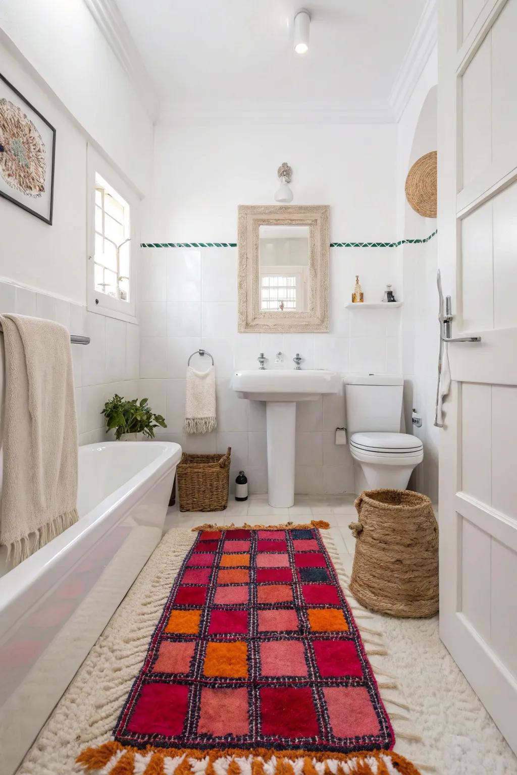 A white bathroom transformed by a striking floor covering that enhances color and design.