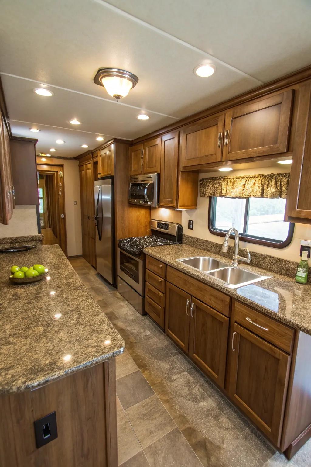 Stone surfaces blend durability with elegance.
