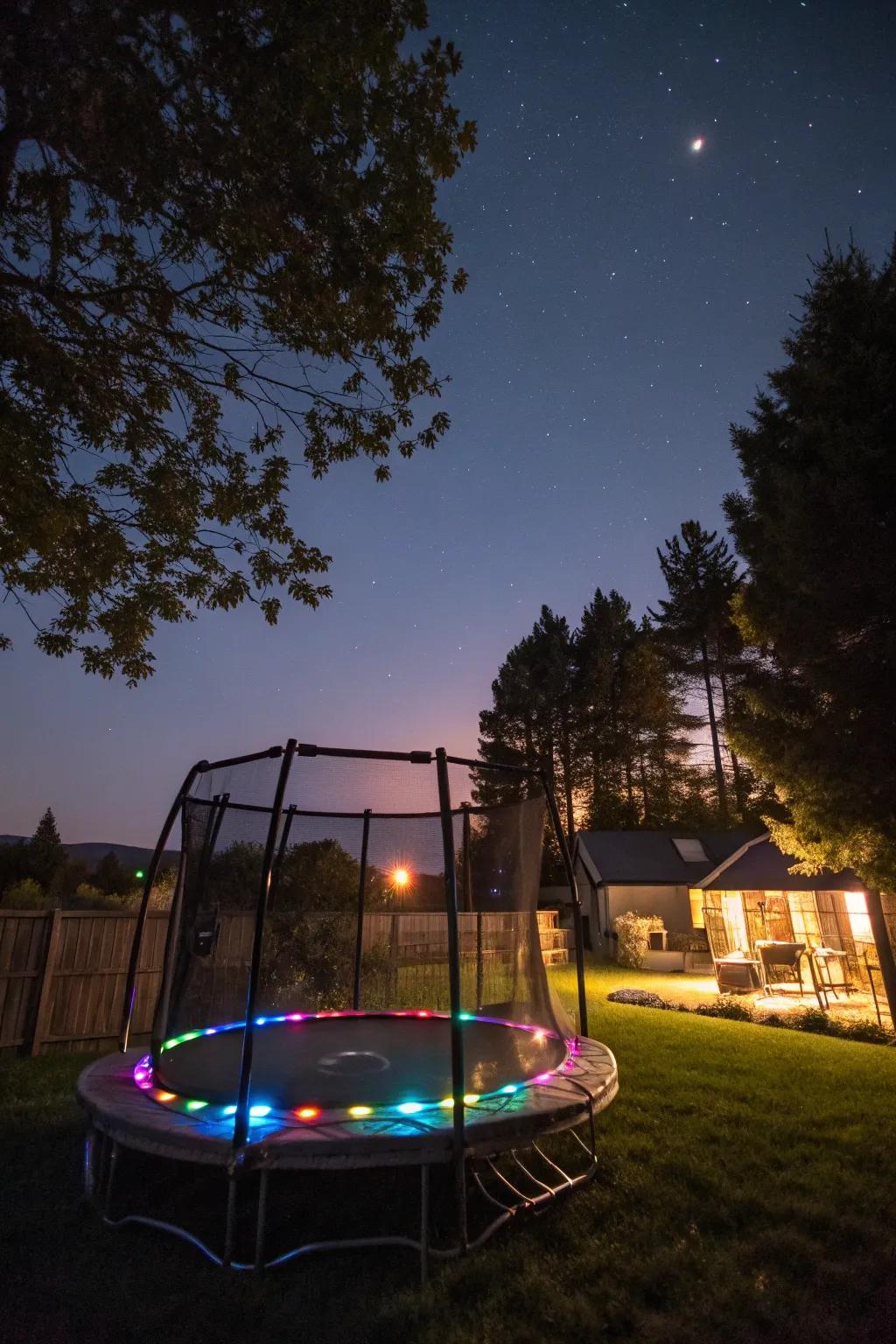 Dynamic interactive lighting adding excitement to a trampoline area.