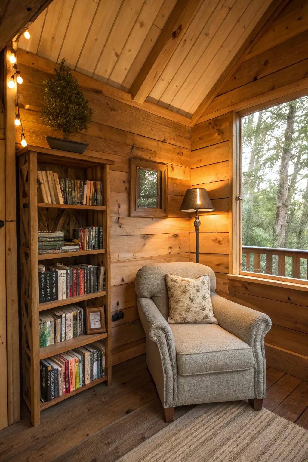 A mini library in a treehouse, providing a cozy escape for book lovers.
