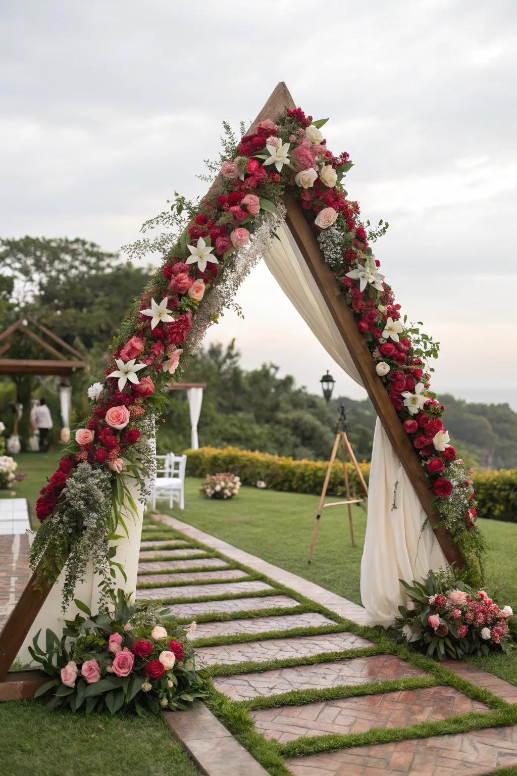 A timeless botanical triangle arch that remains a beloved choice for many.