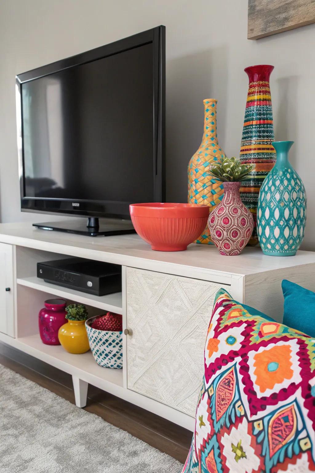 Bold decor injecting a vibrant splash of color into a TV console.