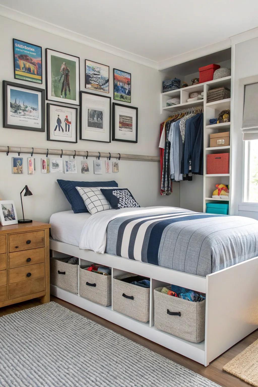 A tidy room showcasing creative storage solutions.