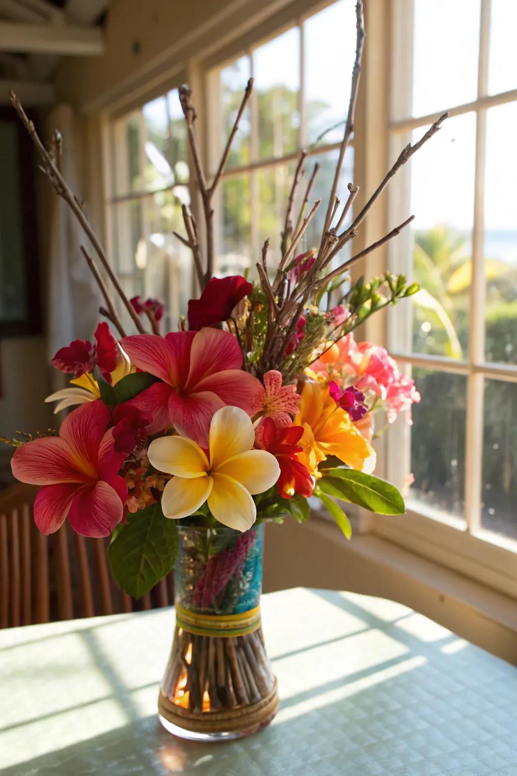 An exotic mix of twigs and tropical flowers.