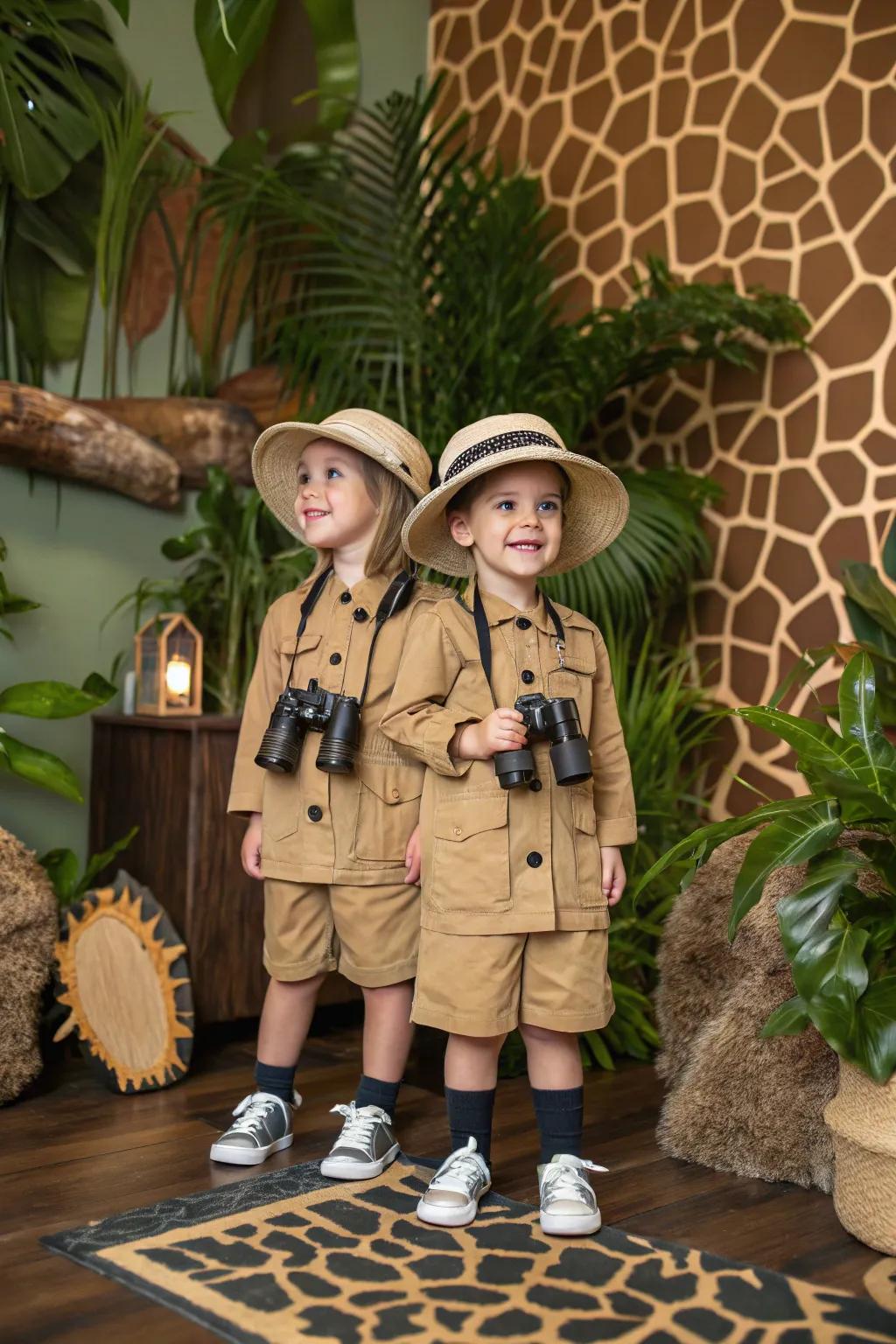 Ready for discovery: twins as safari explorers.