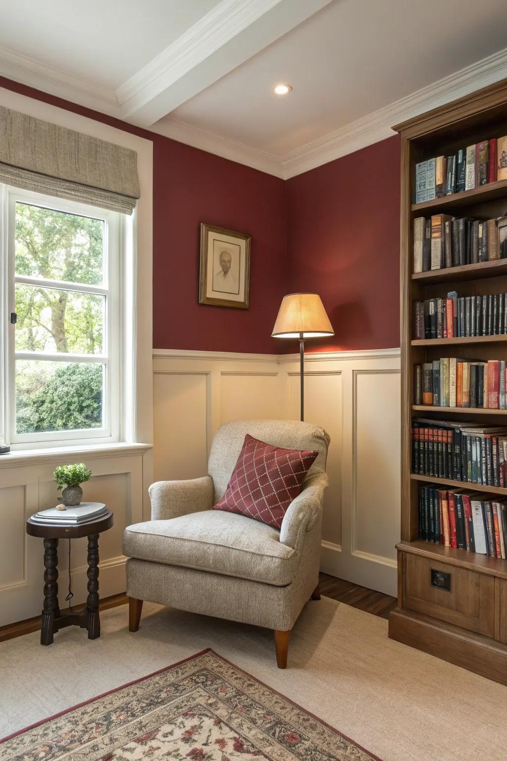 A snug reading corner with welcoming wine and cream walls.