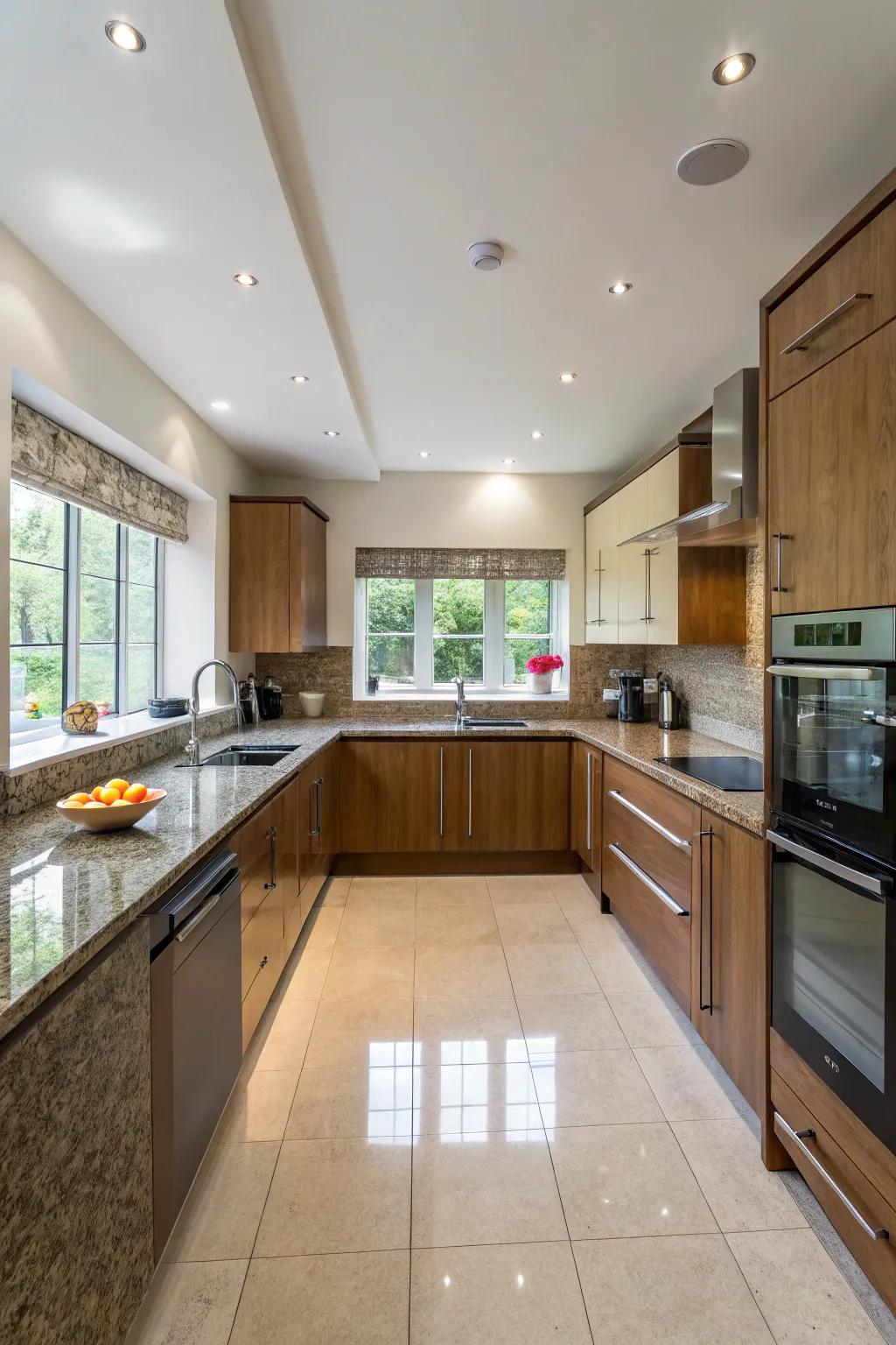 Contrasting textures add dimension and highlight specific kitchen areas.