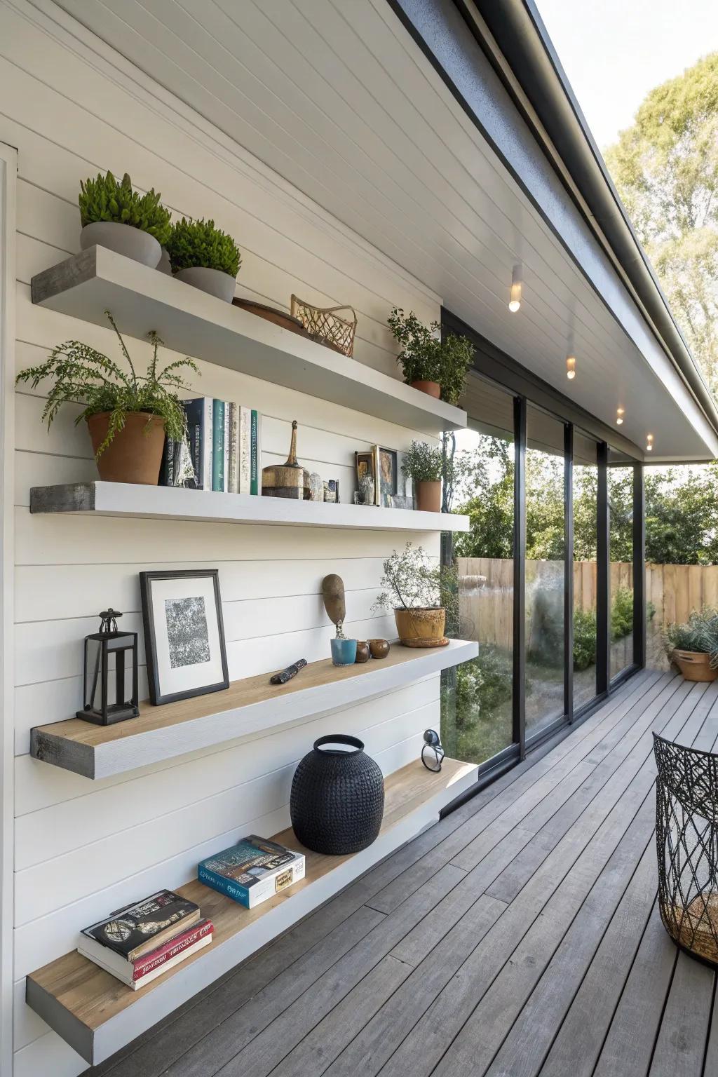 A minimalist and fashionable storage option is floating shelves.