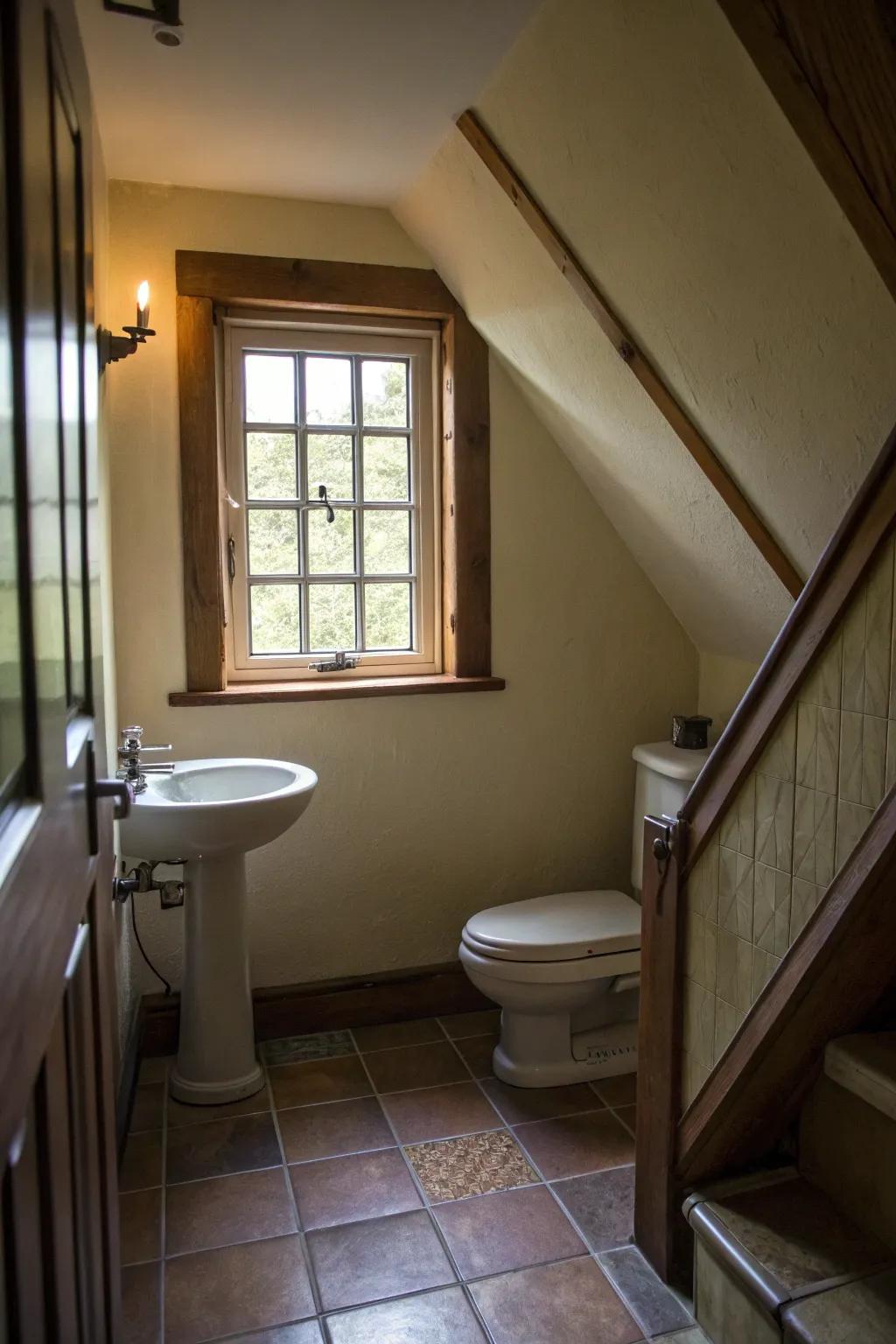 A washroom under the stairs bathed in natural light from a strategically placed window.