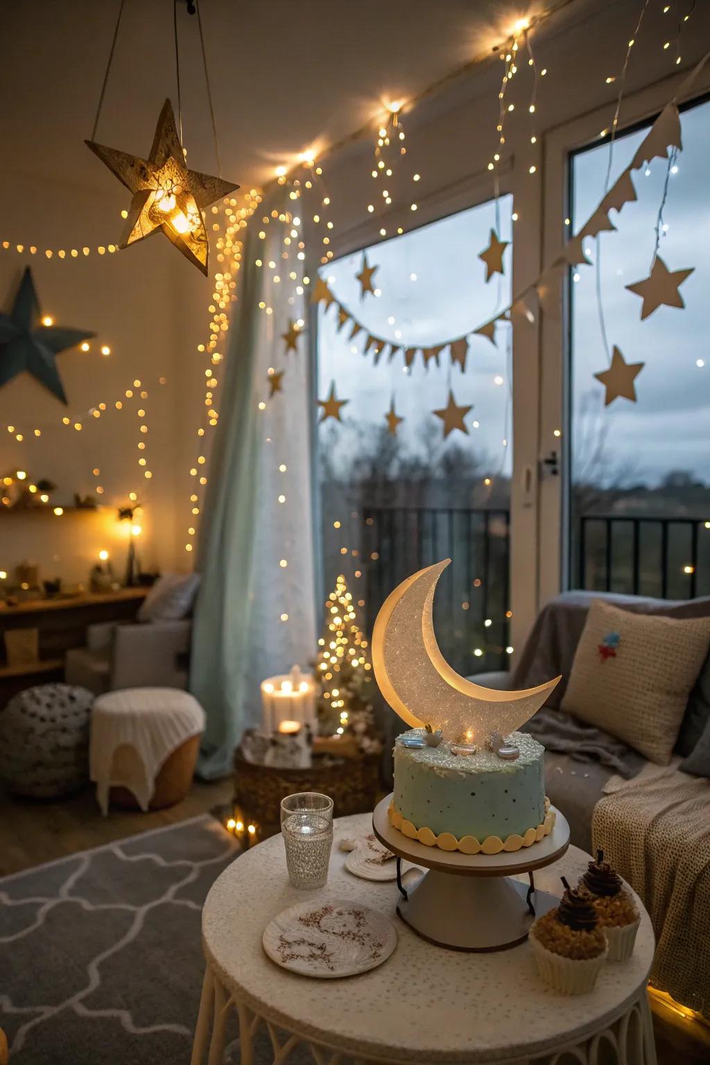 Gaze into a starlit wonderland using radiant lights and celestial charm.