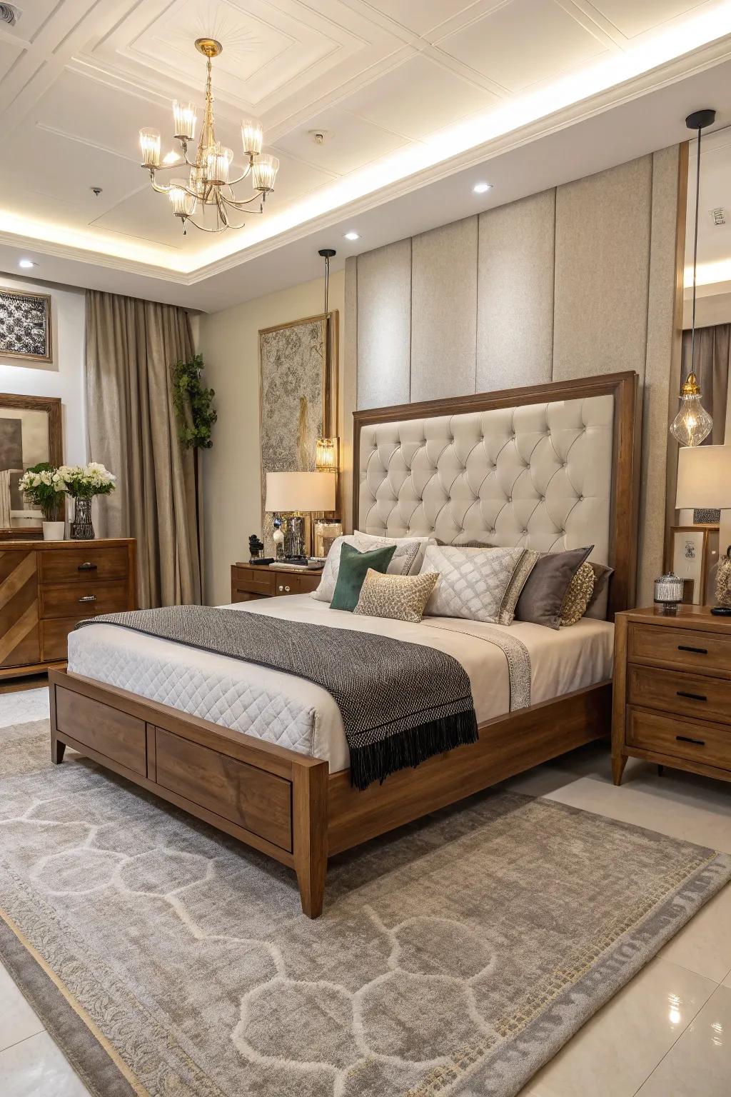 The combination of materials gives the bedroom a distinctive and contemporary appearance.