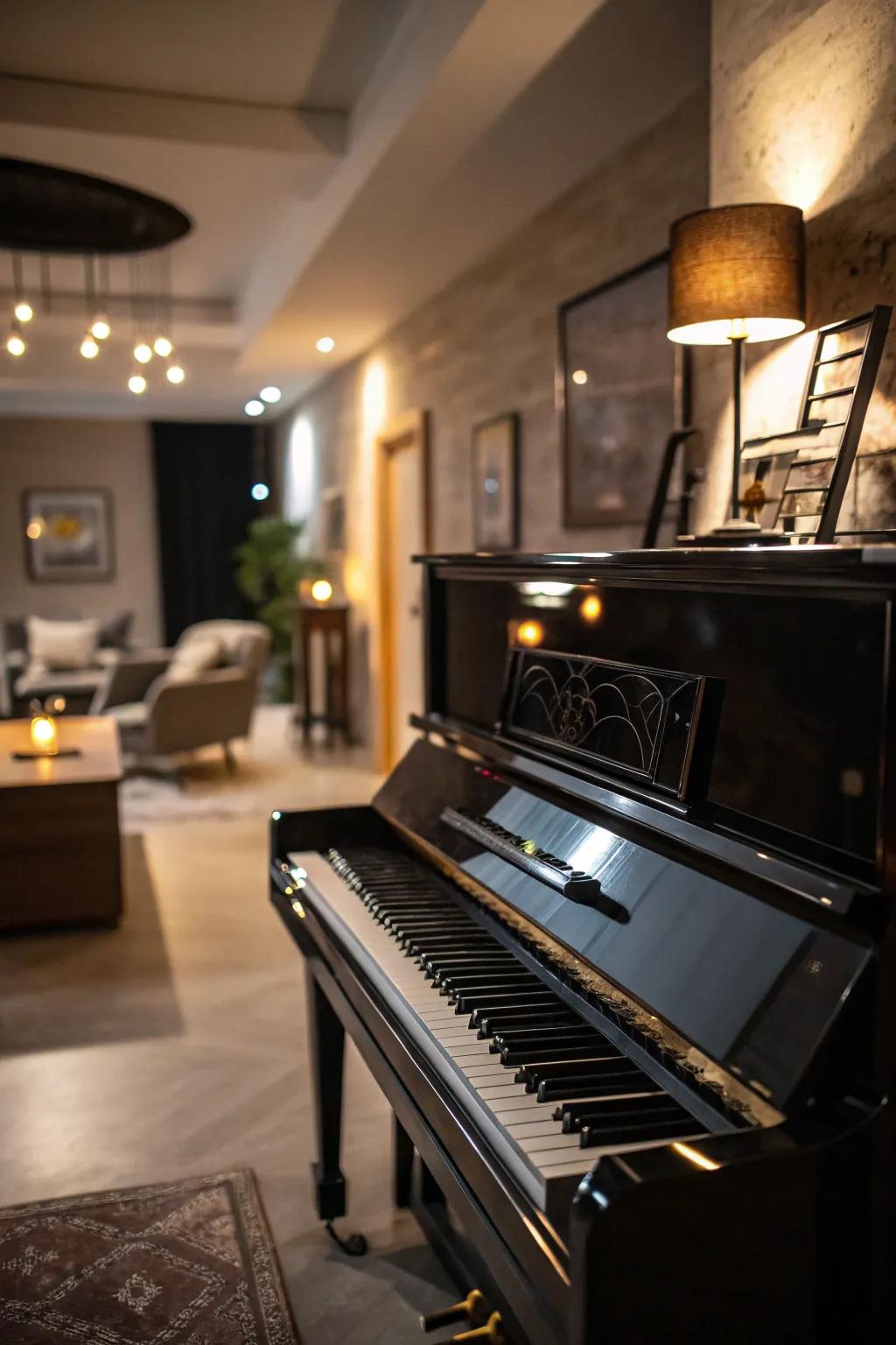 An artistic living space showcasing an upright piano, illuminated by statement lighting.