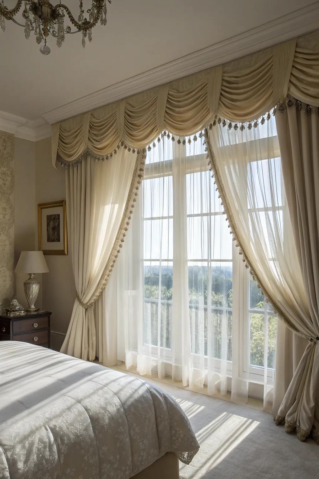 An elegant bedroom featuring a window with a scalloped-edge valance.