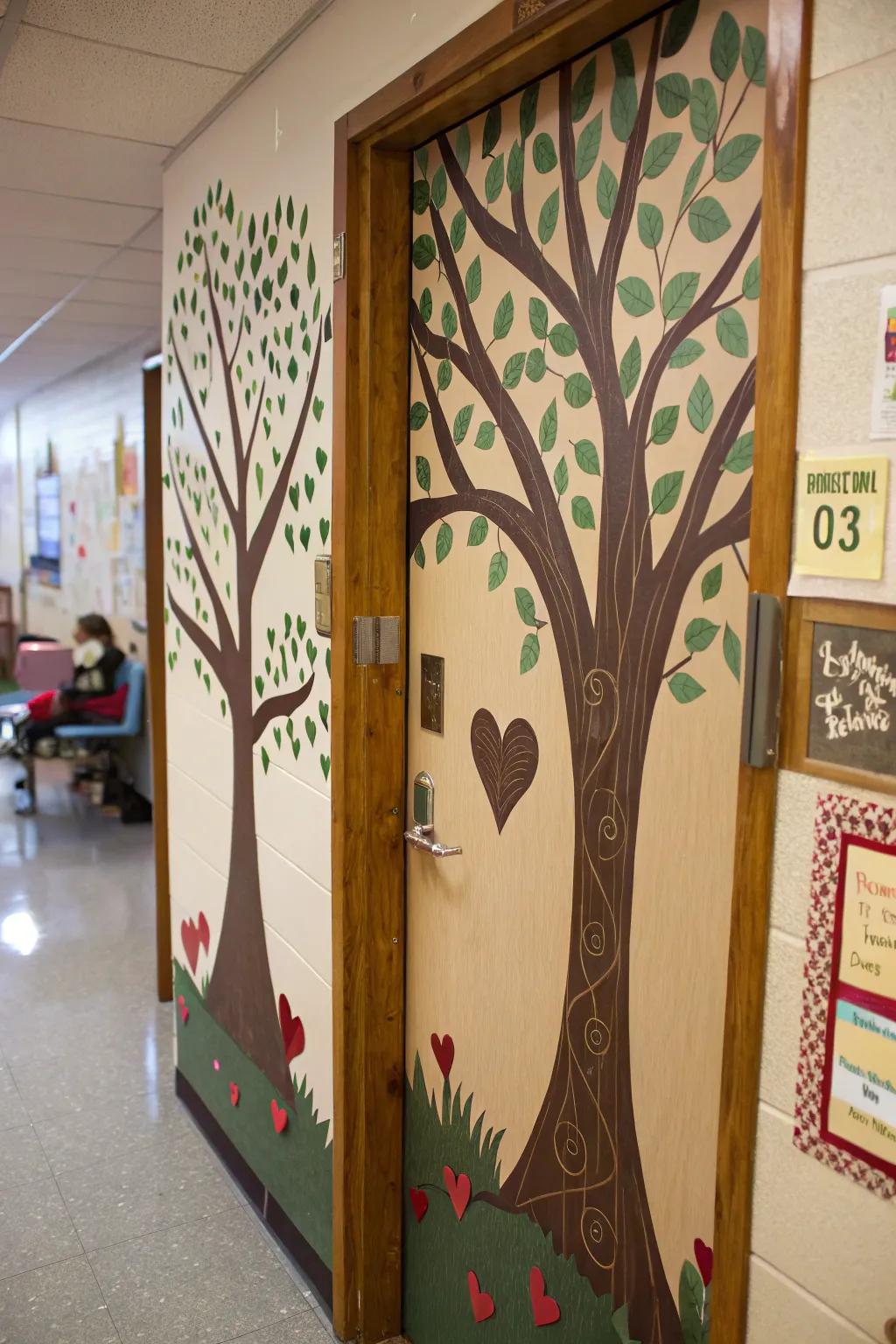 An enchanting classroom door using a mystical forest theme, showcasing heart-shaped trees.