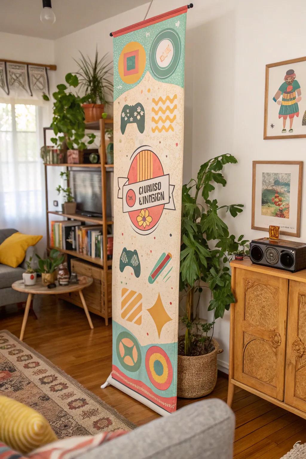 An eclectic room is energized with playful retro graphics on a vertical banner.