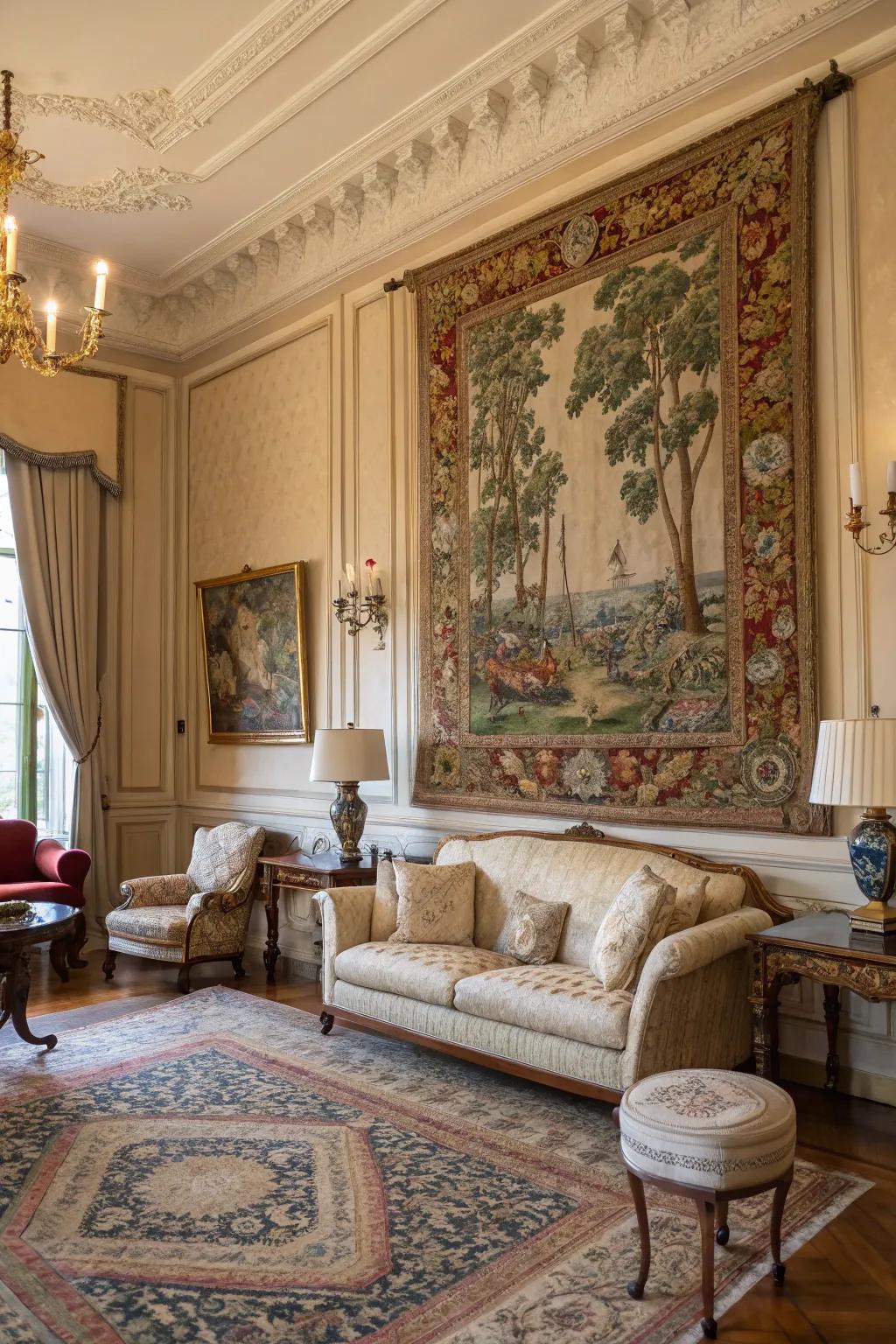 An ornamental wall hanging introduces texture and historical charm to the space.