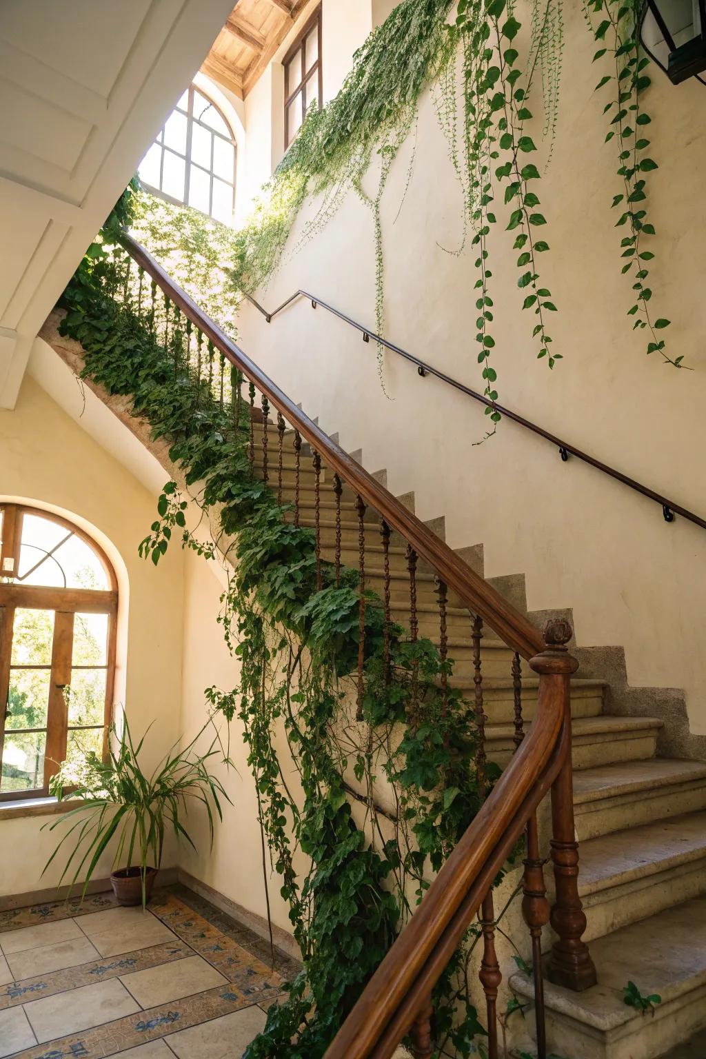 Seamlessly integrate nature through staircase vines.