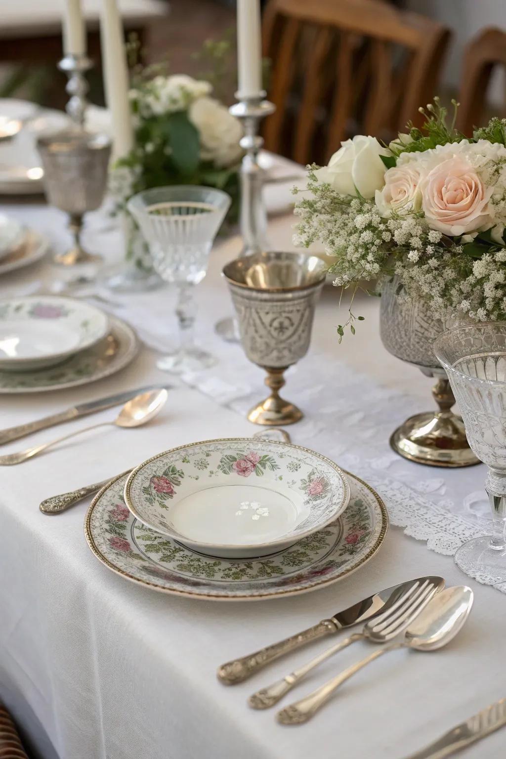 Antique silverware elevates the dining table with elegance.