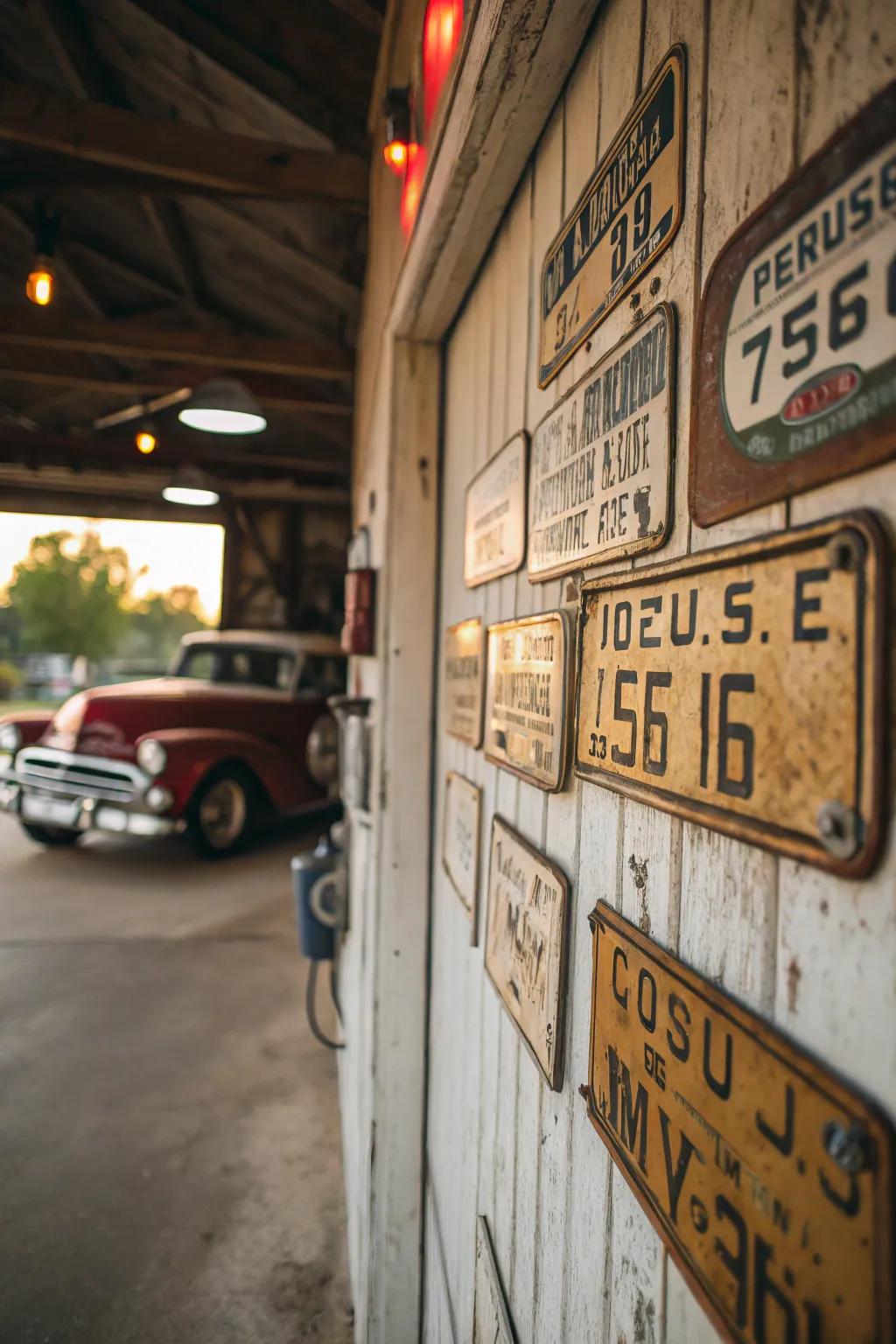 Antique license plates impart a personal touch to the decor.
