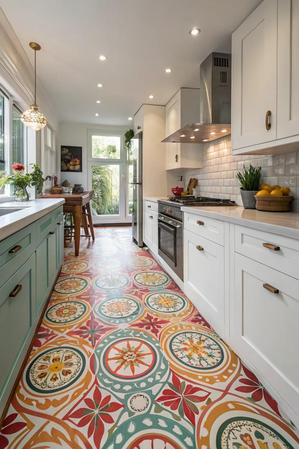 Double up on patterns for an energetic kitchen floor.
