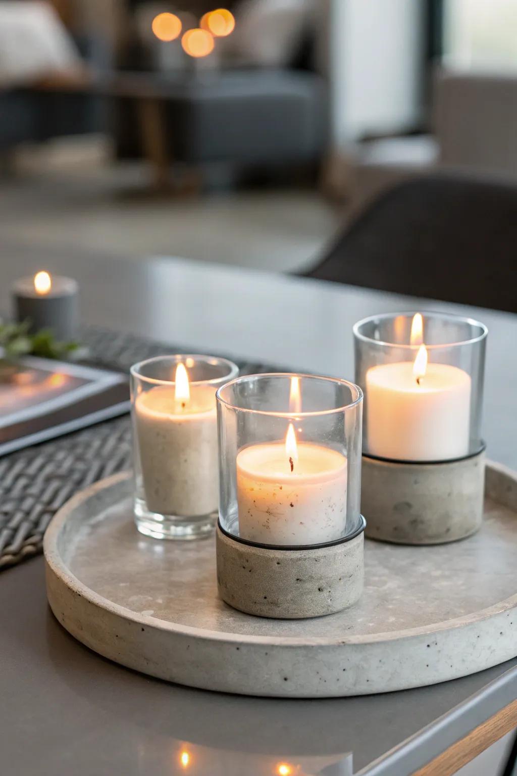 Industrial materials provide votive candles with a modern edge.