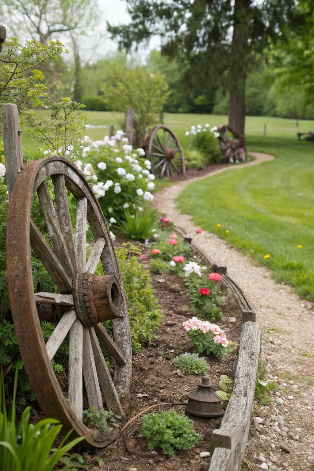 Semi-buried cartwheels lining a garden trail, offering fanciful guidance.