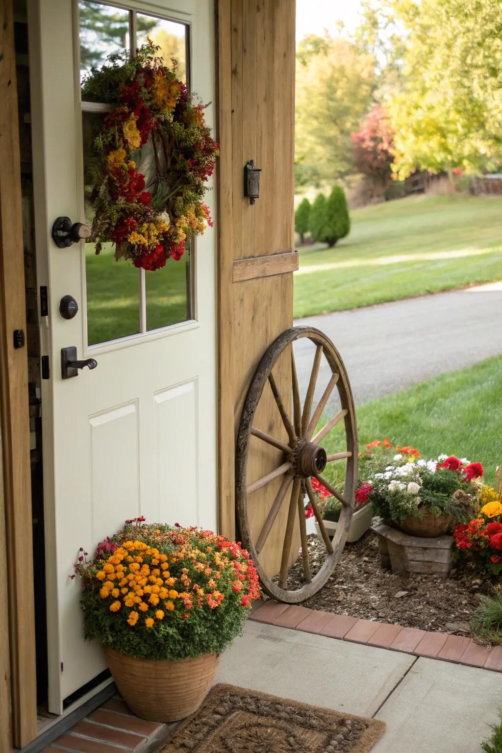 To this door, a flora-decorated cart wheel includes a delightful touch.