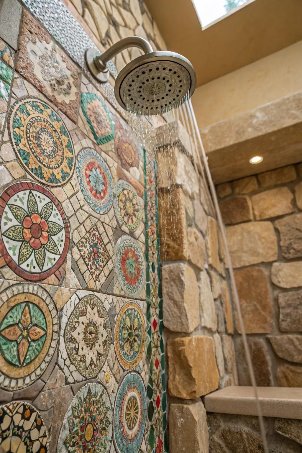 Shower with intricate tile compositions and rock textures.
