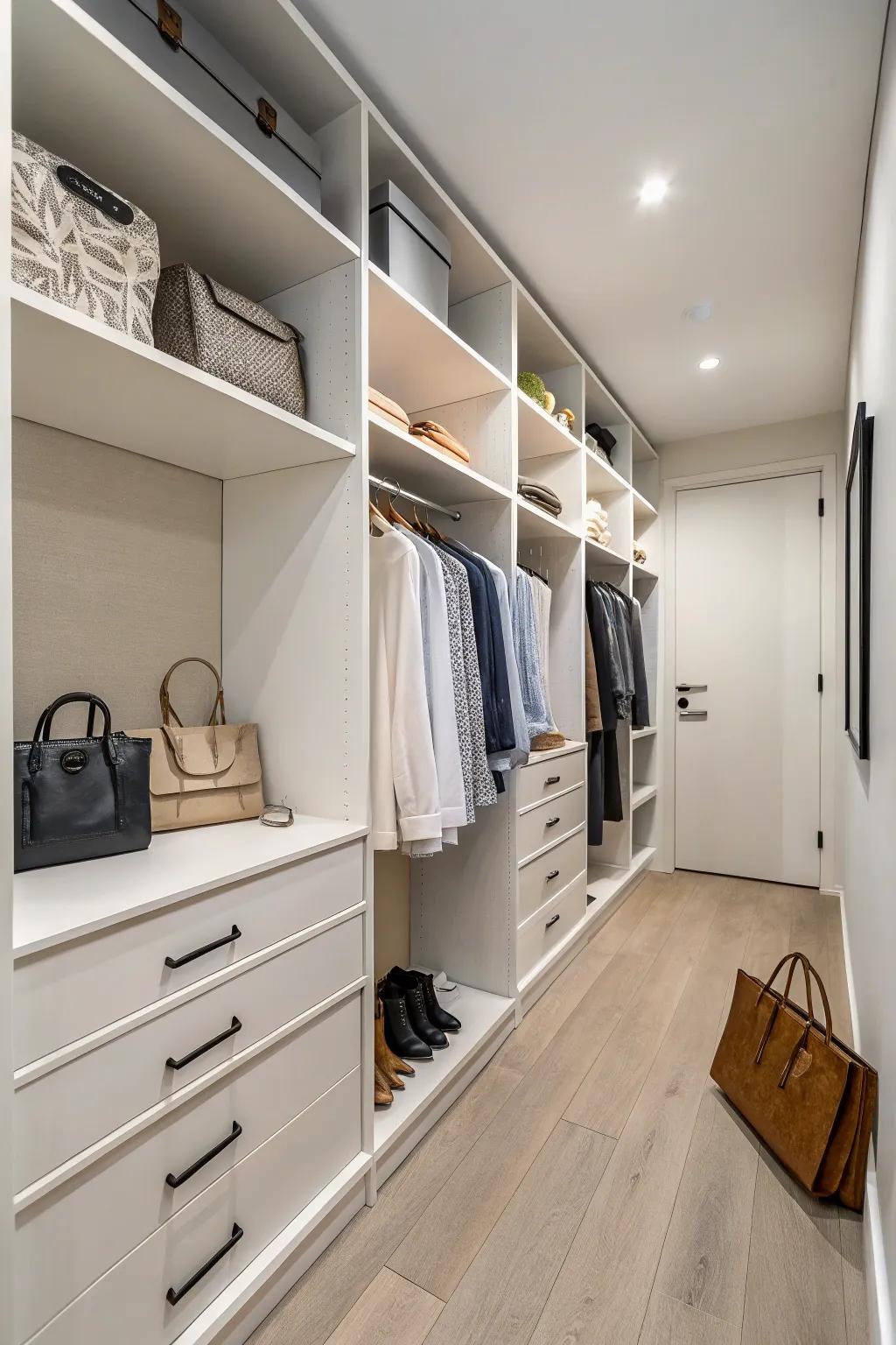A minimalist walk-in closet design highlighting simplicity and utility.