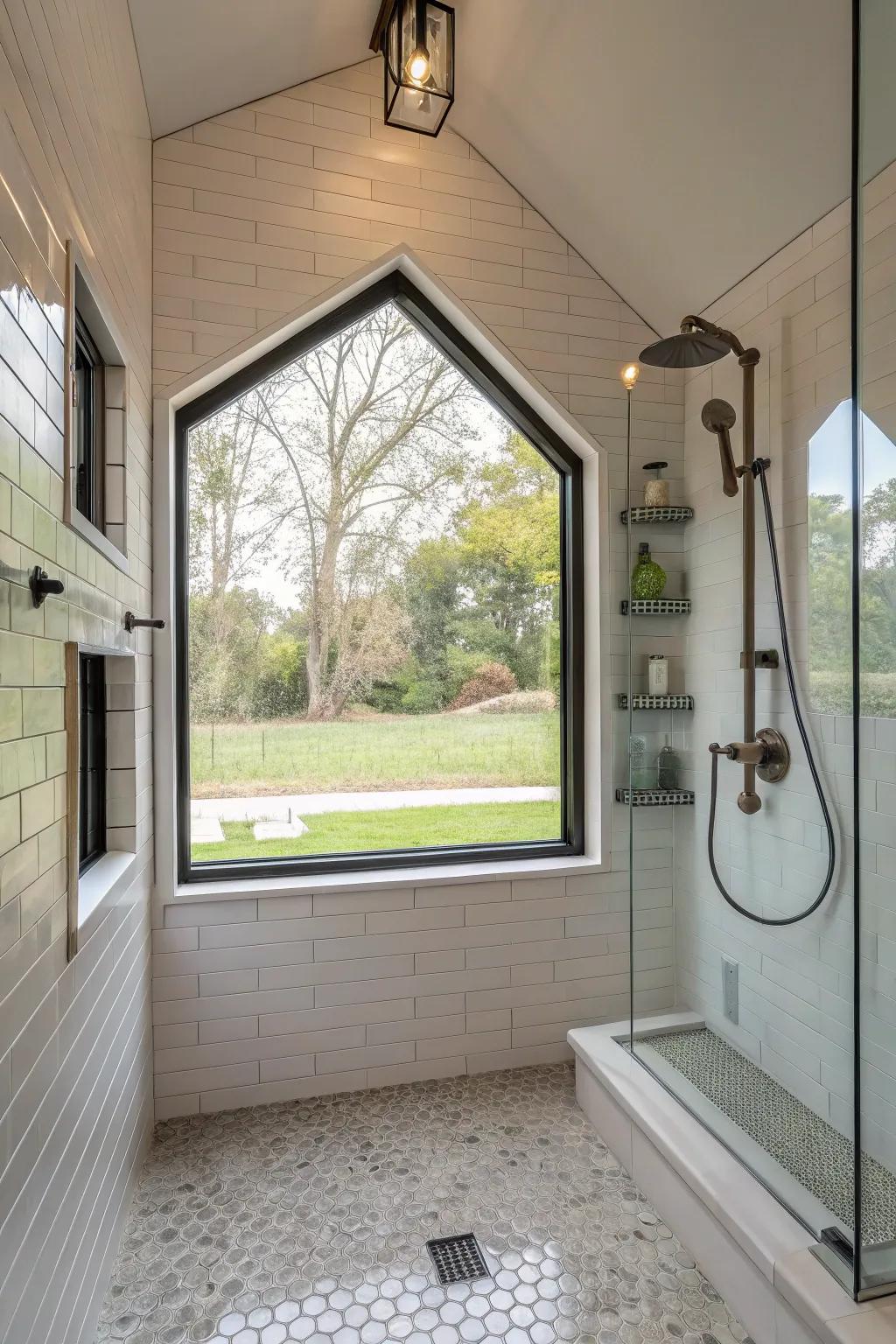 A custom-shaped window in a walk-in shower, adding unique flair and character.