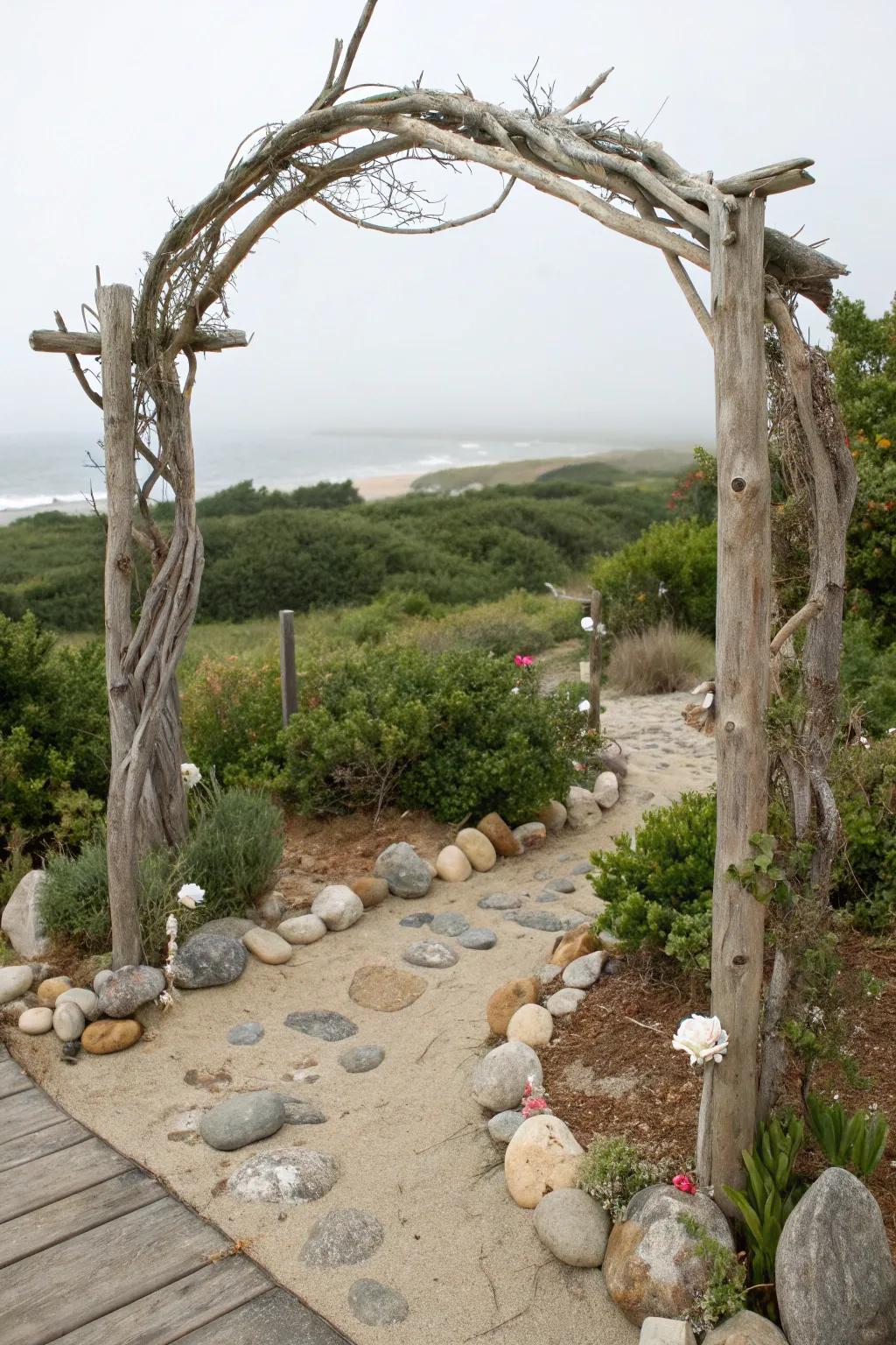 Driftwood archways introduce a dash of coastal charm to garden spaces.