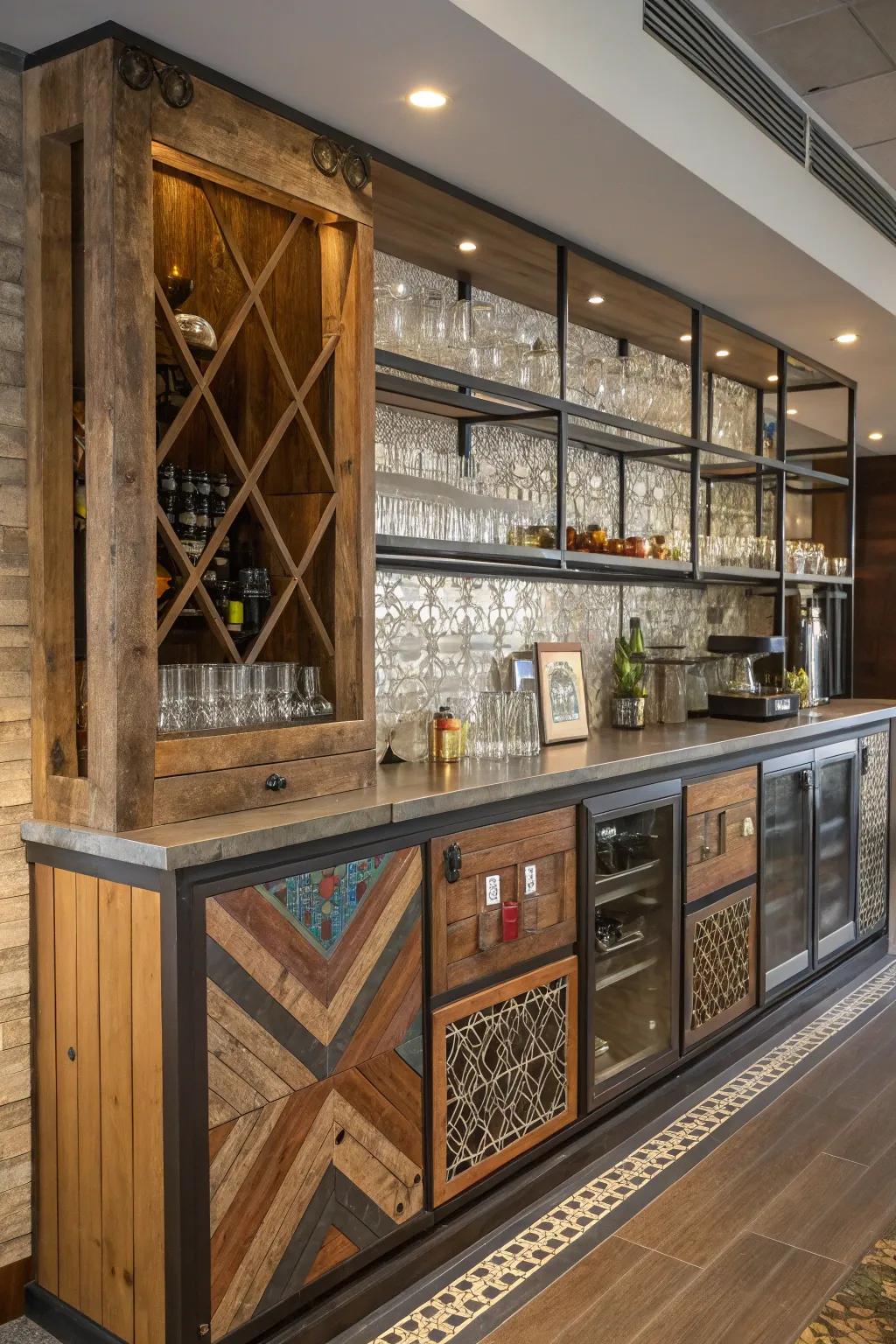 A varied mixture of textures and materials fashions an extraordinary and welcoming wall bar.
