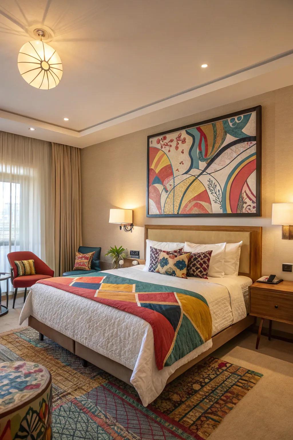 Non-representational art adds a modern hint to the personal space.