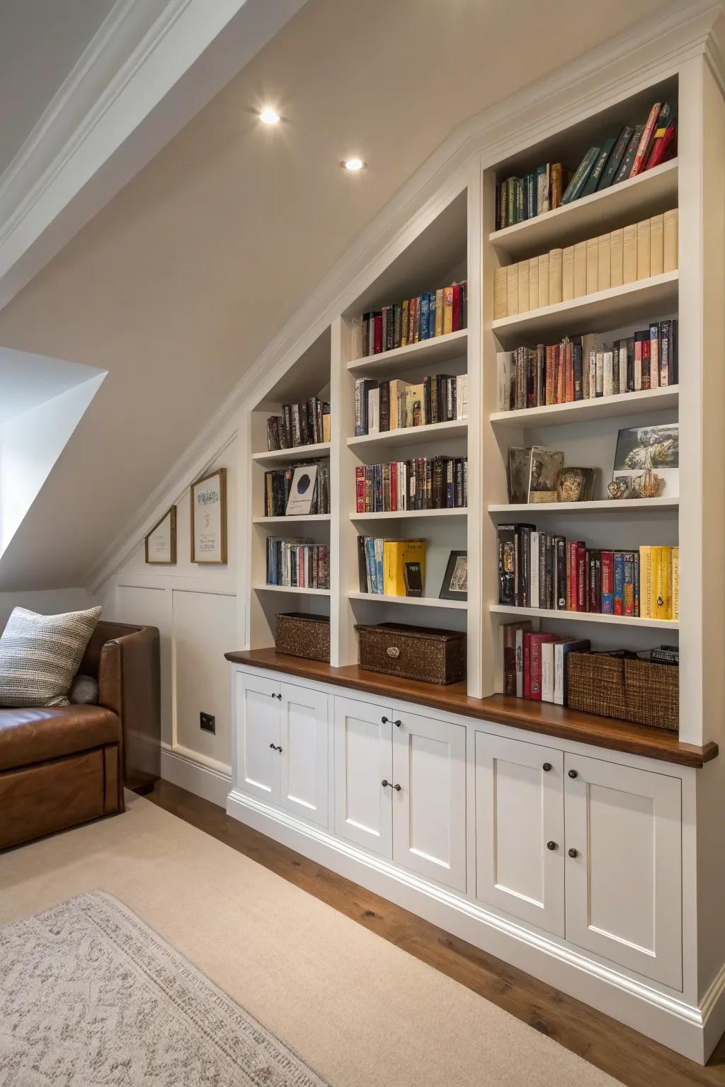 Custom-fit shelves make the most of irregular spaces.