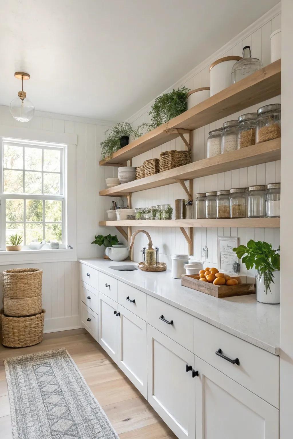 A light and airy pantry with floating shelves.