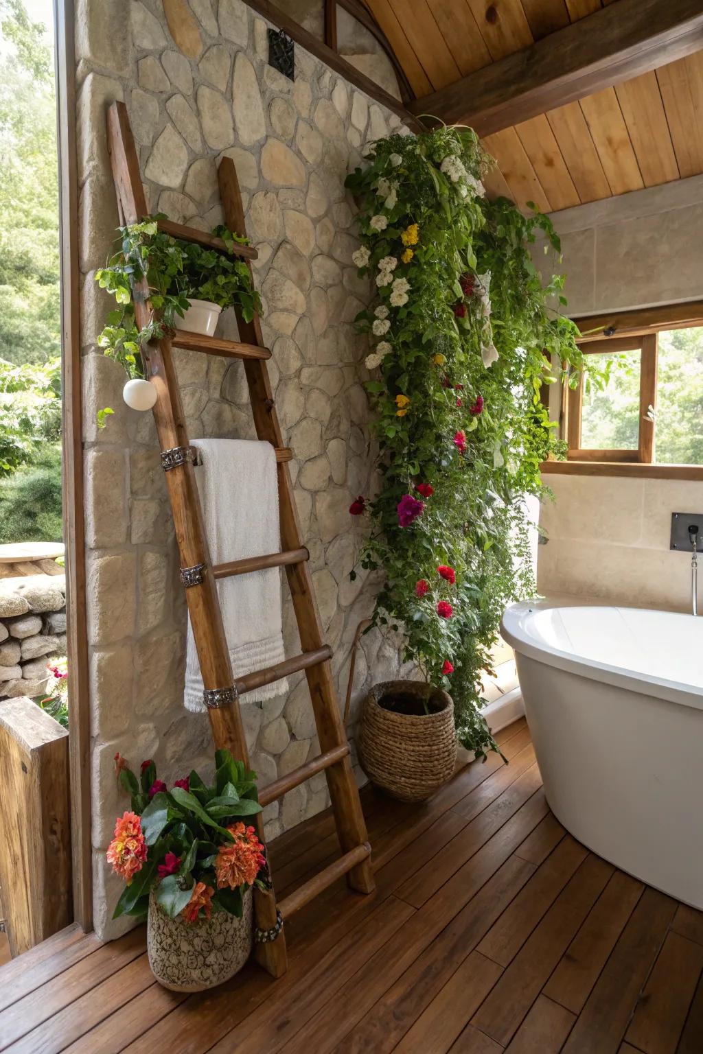 A country stepladder infuses charm and verdure into any chamber.