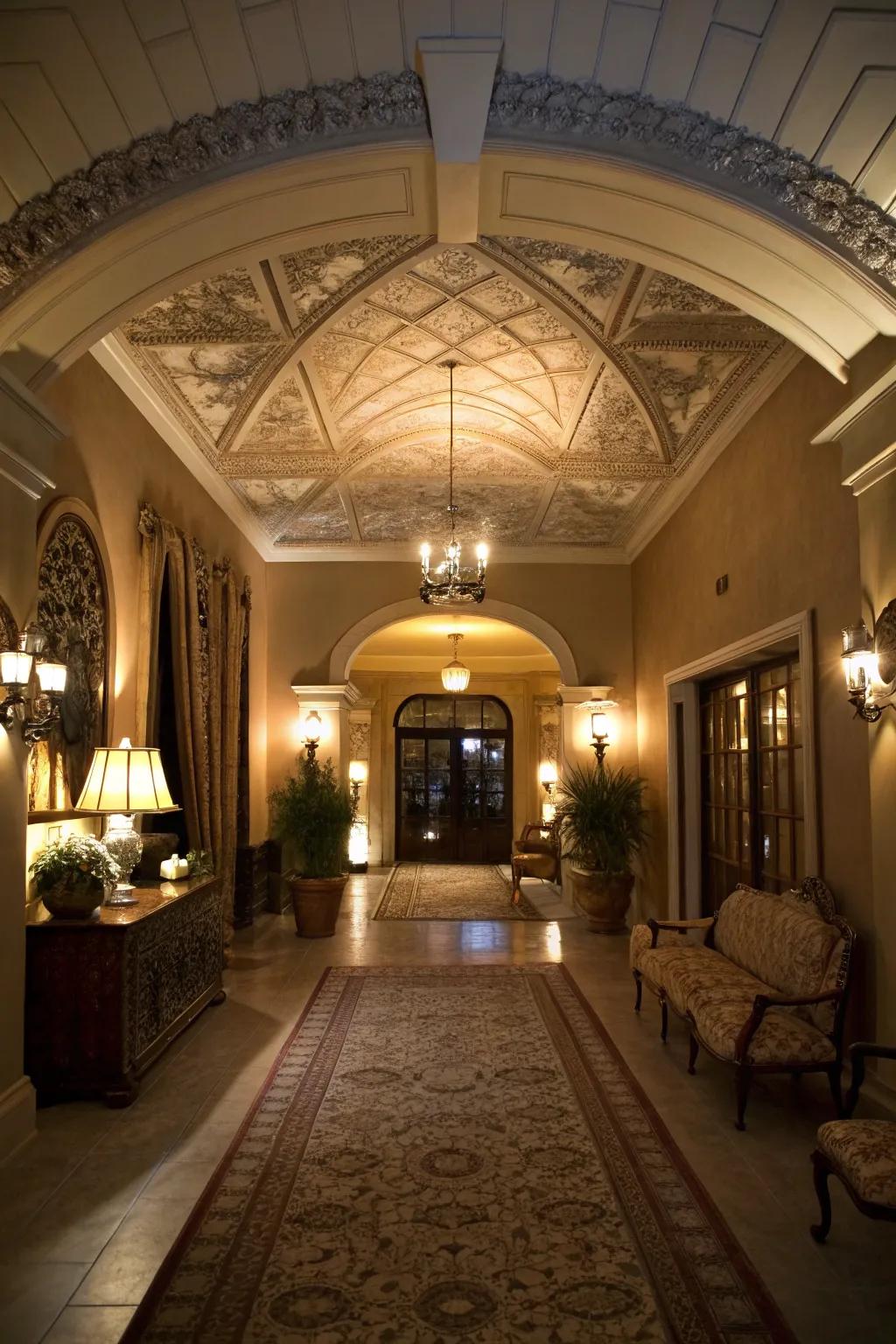Ceiling trims contribute theatricality and elegance to this entryway.
