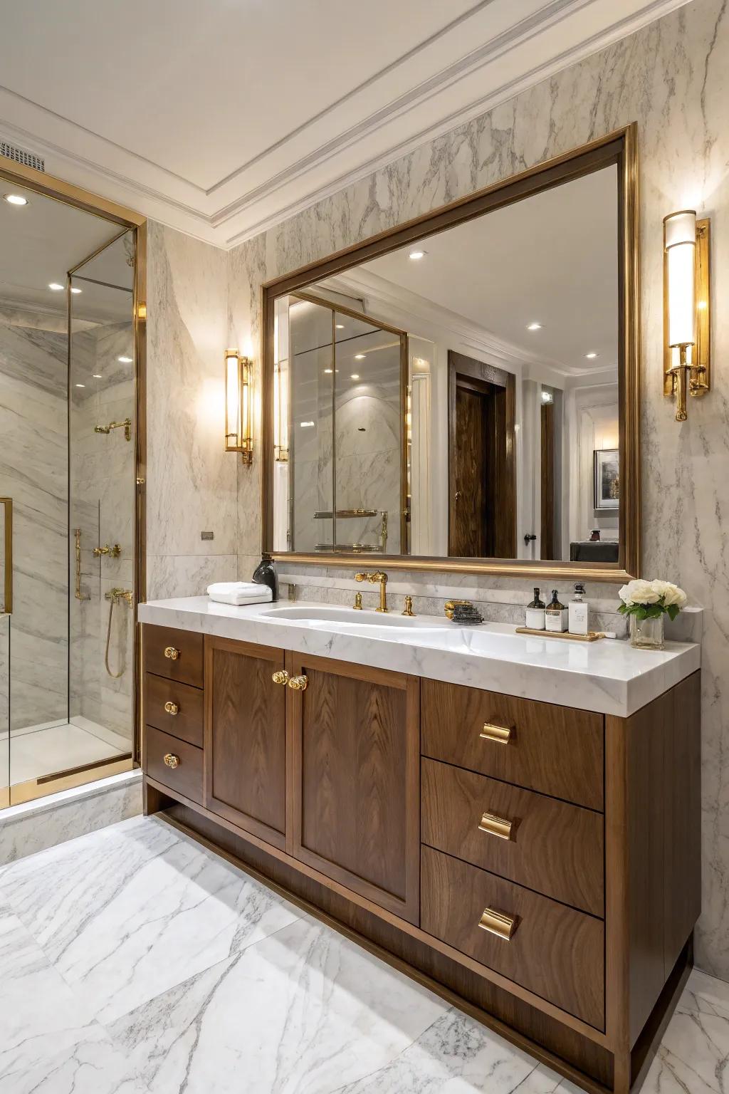 Incorporate a hint of luxury by adding warm metallic accents alongside your pecan vanity.