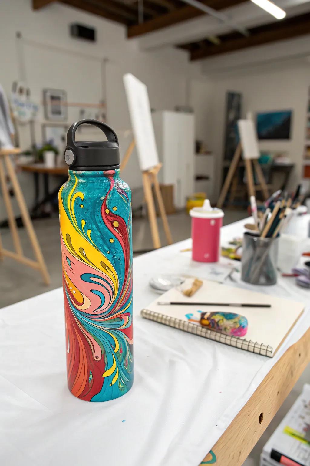 A drinking bottle featuring an abstract acrylic discharge design.