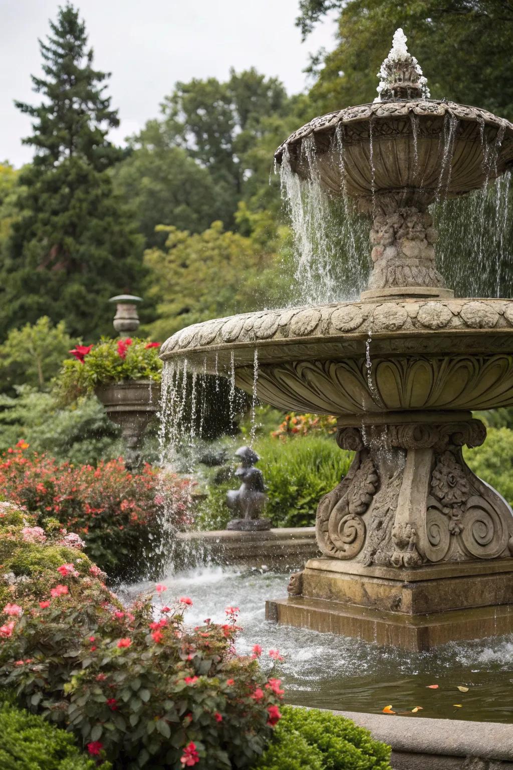 An artistic fountain waterfall serves as a garden showpiece.