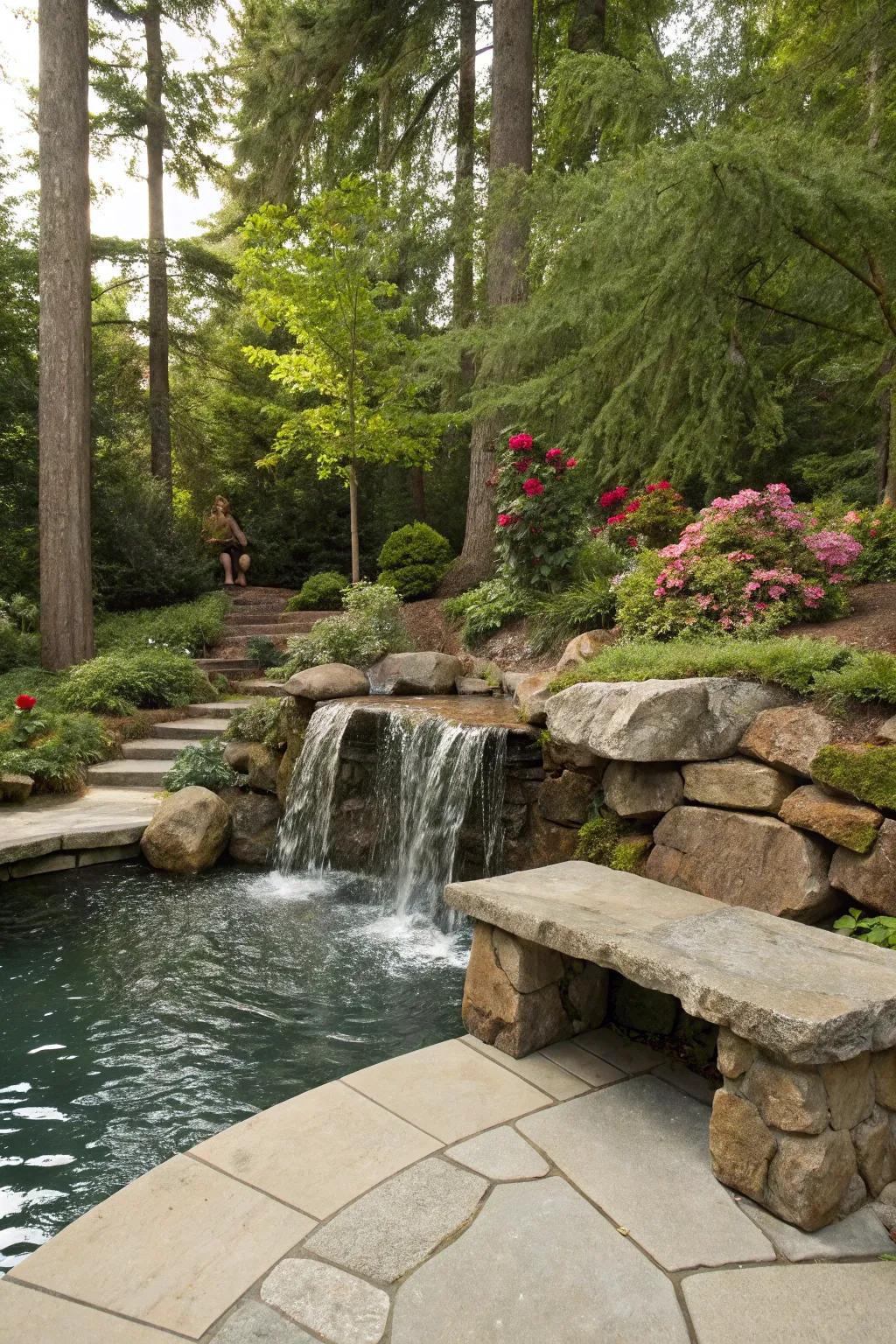 A cozy seating area is incorporated into a garden waterfall's stone design.