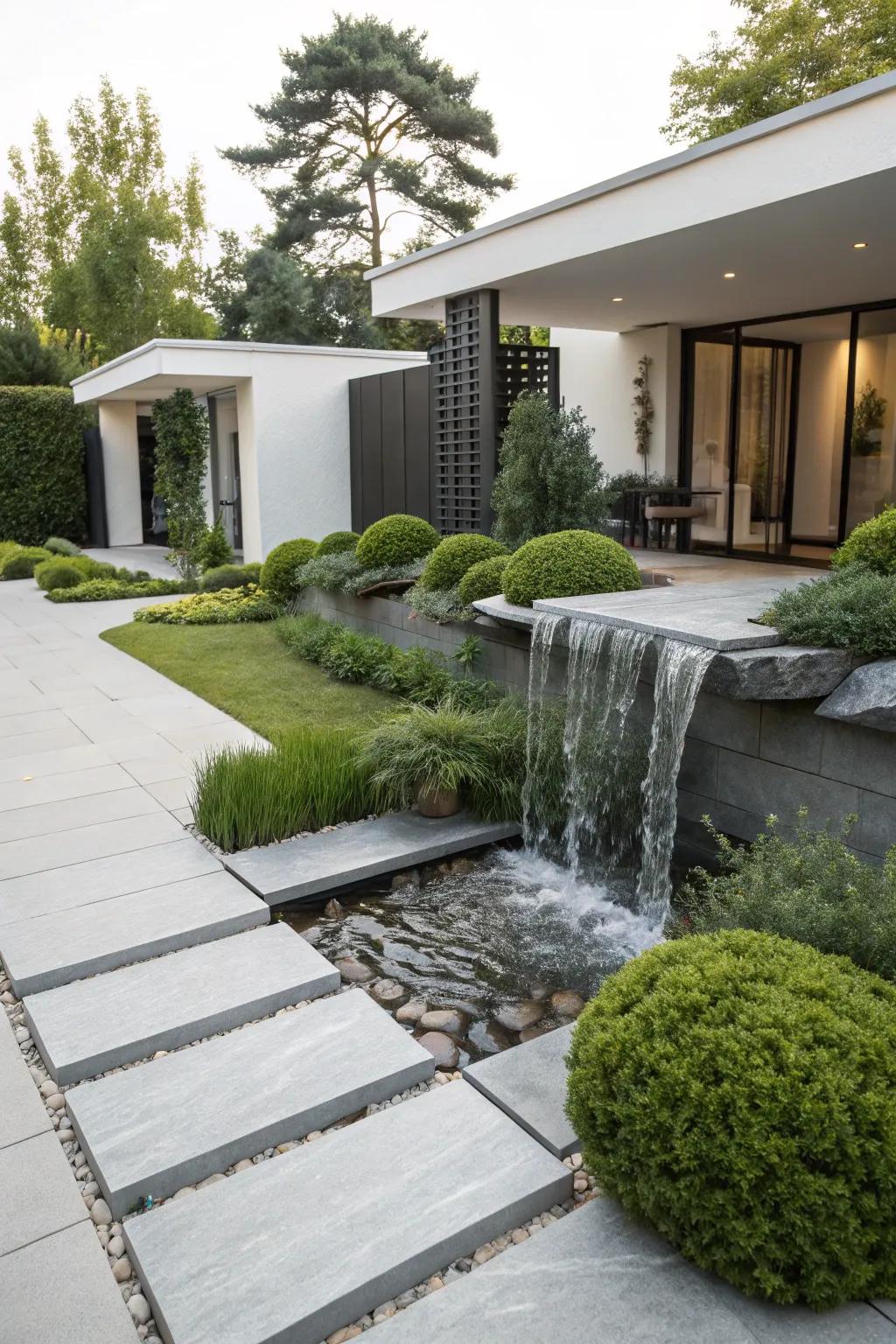 A minimalist stone waterfall provides a clean and modern aesthetic.