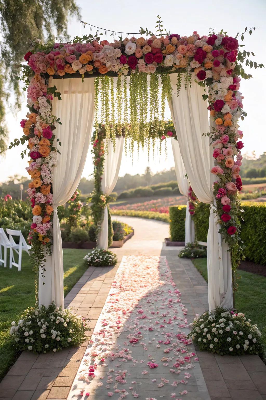 A dramatic arch with cascading flowers for a lush, enchanting look.
