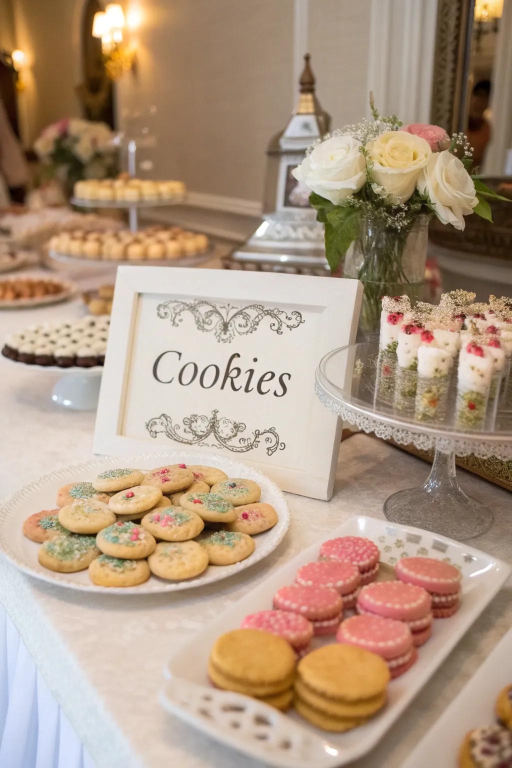 Labeled signage adds clarity and organization to a wedding cookie table.
